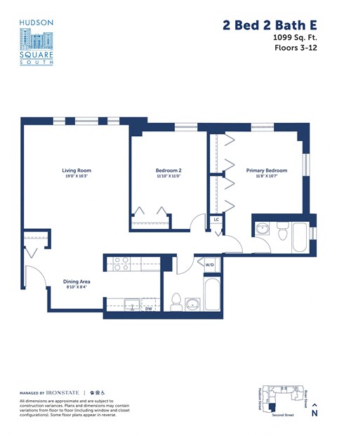 Floor plan for 2 beds, 2 baths, 1099 sqft
